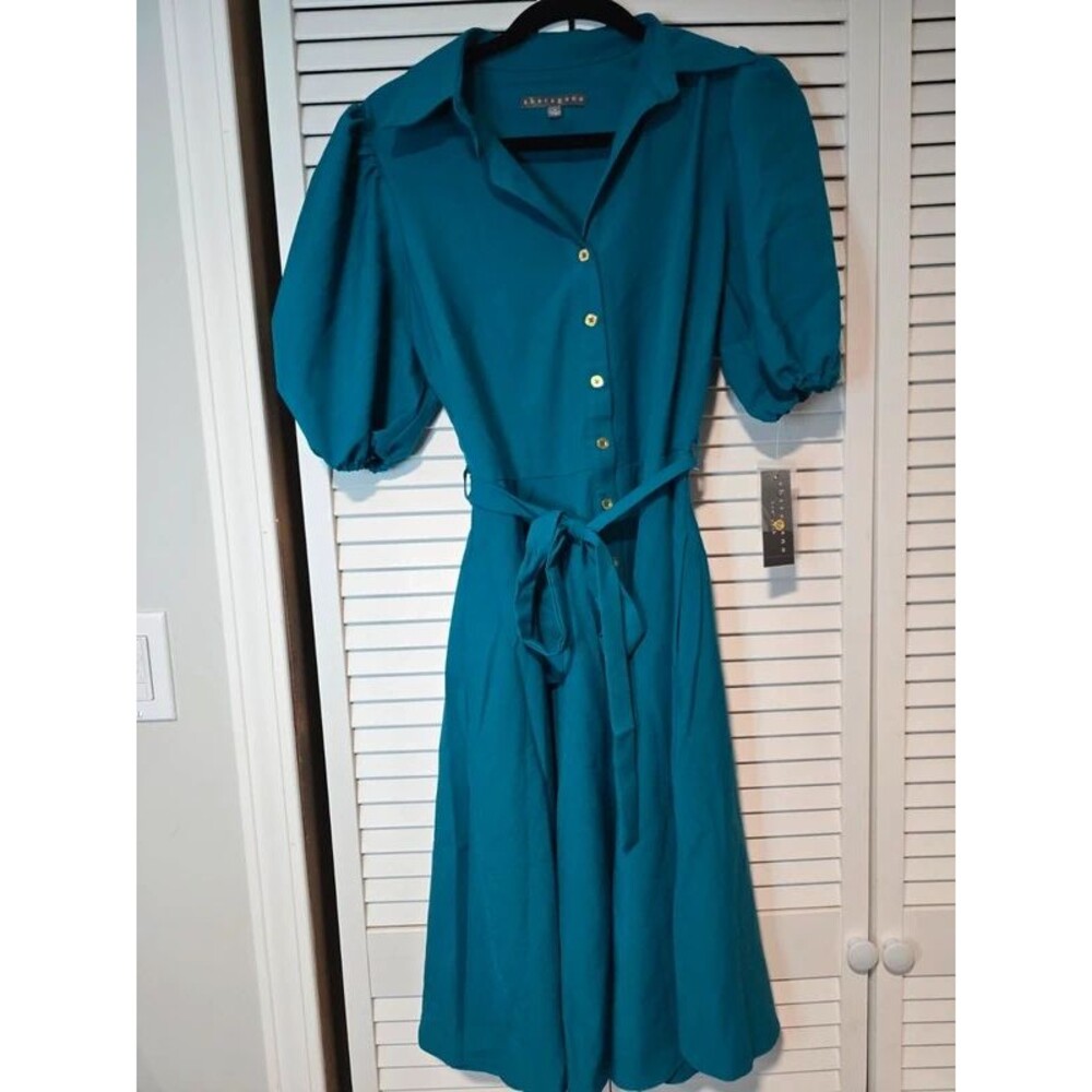 Sharagano New York Teal Belted Shirt Dress Puff Sleeve Size 6 NWT